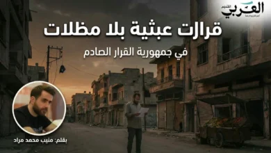 غلاف مقالة صحفية بعنوان "في جمهورية القرار الصادم" يظهر فيه مواطن سوري يقف في شارع خافت الإضاءة ينظر بحيرة إلى ورقة فاتورة في يده، بجانبه بسطة خضار مهجورة مقلوبة وعمود كهرباء مطفأ في الخلفية، مع صورة الكاتب منيب محمد مراد في الزاوية السفلية